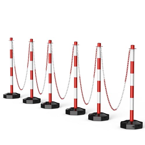 SIMAZO 6 Pack Traffic Delineator Post Cones with Fillable Base, Adjustable Plastic Safety Barrier Outdoor and Indoor Crowd Control Stanchion with 5Ft Plastic Chain for Delineator Poles (Red+White)