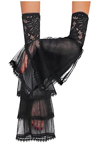 L'VOW Women's 1 Pair Gothic Black Lace Arm Sleeves Detachable Long Witch Gloves Renaissance Vampire Costume Accessory
