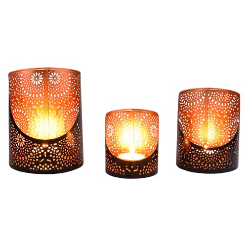 Marrakesch 3er Set orientalische Deko Teelichthalter Windlicht 14cm groß schwarz Gold | Kerzenhalter Kerzenständer Yulet als Aesthetic Deko für Wohnzimmer | Marokkanische Windlichter als Balkondeko