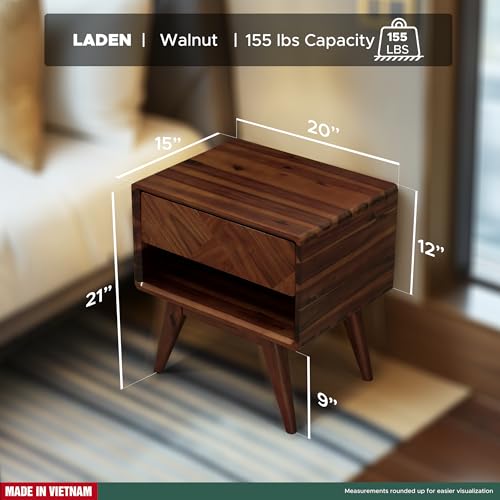 Image of Laden Solid Acacia Wood Nightstand with Storage Drawer, Mid-Century Modern Art Deco Design, End Table for Bedroom & Living Room, Scratch & Water-Resistant, Easy Assembly, Walnut
