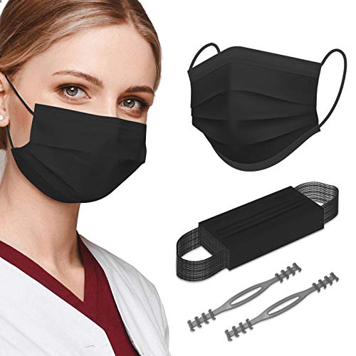 Black Disposable Face Masks, 50PCS Disposable Face Masks Breathable Safety Masks Anti-haze Mouth Nose Cover with Elastic Earloop and Adjustable Lanyard Strap for Outdoor Indoor Office Sports