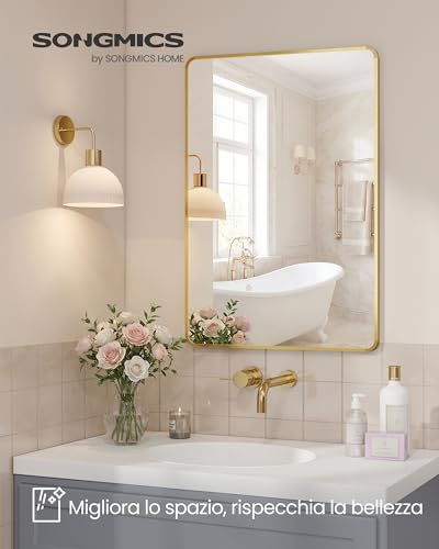 SONGMICS Specchio Bagno, Specchio da Parete, Rettangolare, Cornice in Alluminio, 91 x 61 cm, Pellicola di Sicurezza, 2 Opzioni di Sospensione, Soggiorno Camera da Letto, Oro Pallido LWM010AB01 - Immagine 1