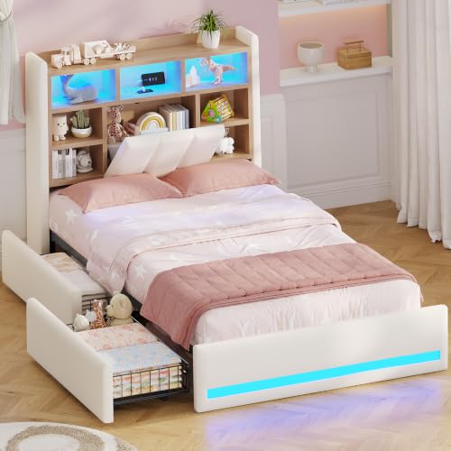 AOGLLATI Cama Individual 90x200, Cama Canape con 2 Cajones, Lino Beige