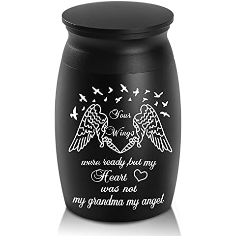 Urns for Grandma Ashes, 2.8“ High Small Funeral Cremation Urns, Handcrafted Memorial Keepsake Urn, Engraved Your Wings were Ready, But My Heart was Not & Angel Decorative Urn for Sharing Cover