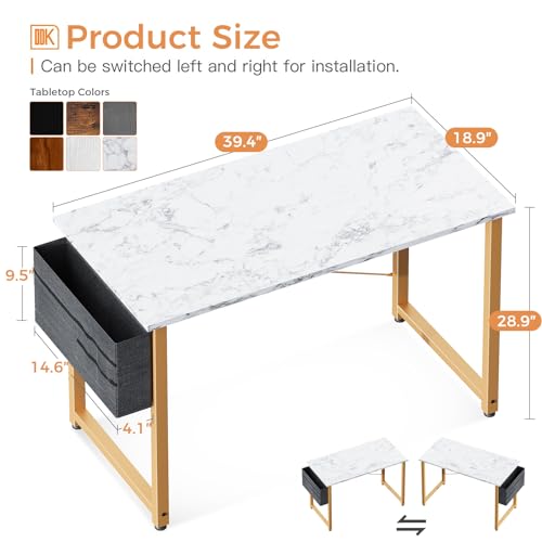 ODK 40-Inch White Marble Office Desk with Storage and Headphone Hook for Small Spaces