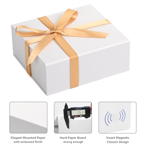 Image of LIFELUM White Magnetic Gift Box with Lid, 8 x 7 x 3 Inch, Premium Gift Set with Ribbon, Greeting Card , Filler, Sturdy Reusable Packaging for Father's Day, graduation gifts, Bridesmaid Proposal Box,Birthday, Wedding