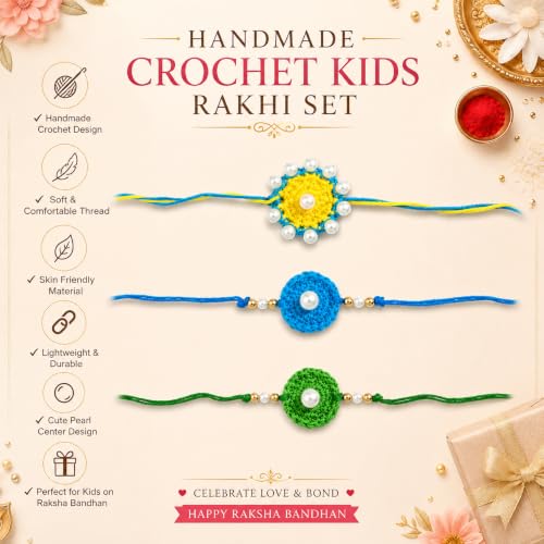 Image of Handmade Crochet Rakhi Set of 3 with Pearl Design for Boys & Kids
