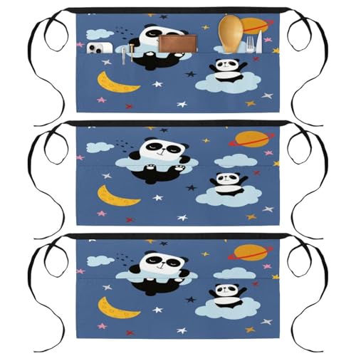 Tabliers courts de chef à 3 poches pour cuisine, demi-tablier imprimé panda sur un nuage
