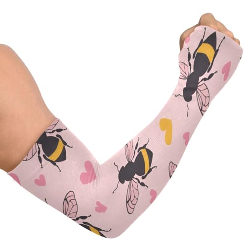 Cooling Arm Sleeves for Men Women UV Sun Protection Arm Covers Bee Yellow Heart Compression Sleeves Sports Football Golf Cycling