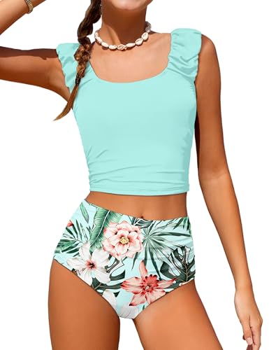 Image of Girls Tankini Swimsuit 2 Piece Bathing Suit Twist Cross Back Cutout Swim Tank Top Floral Print Swimwear for 7-18Y
