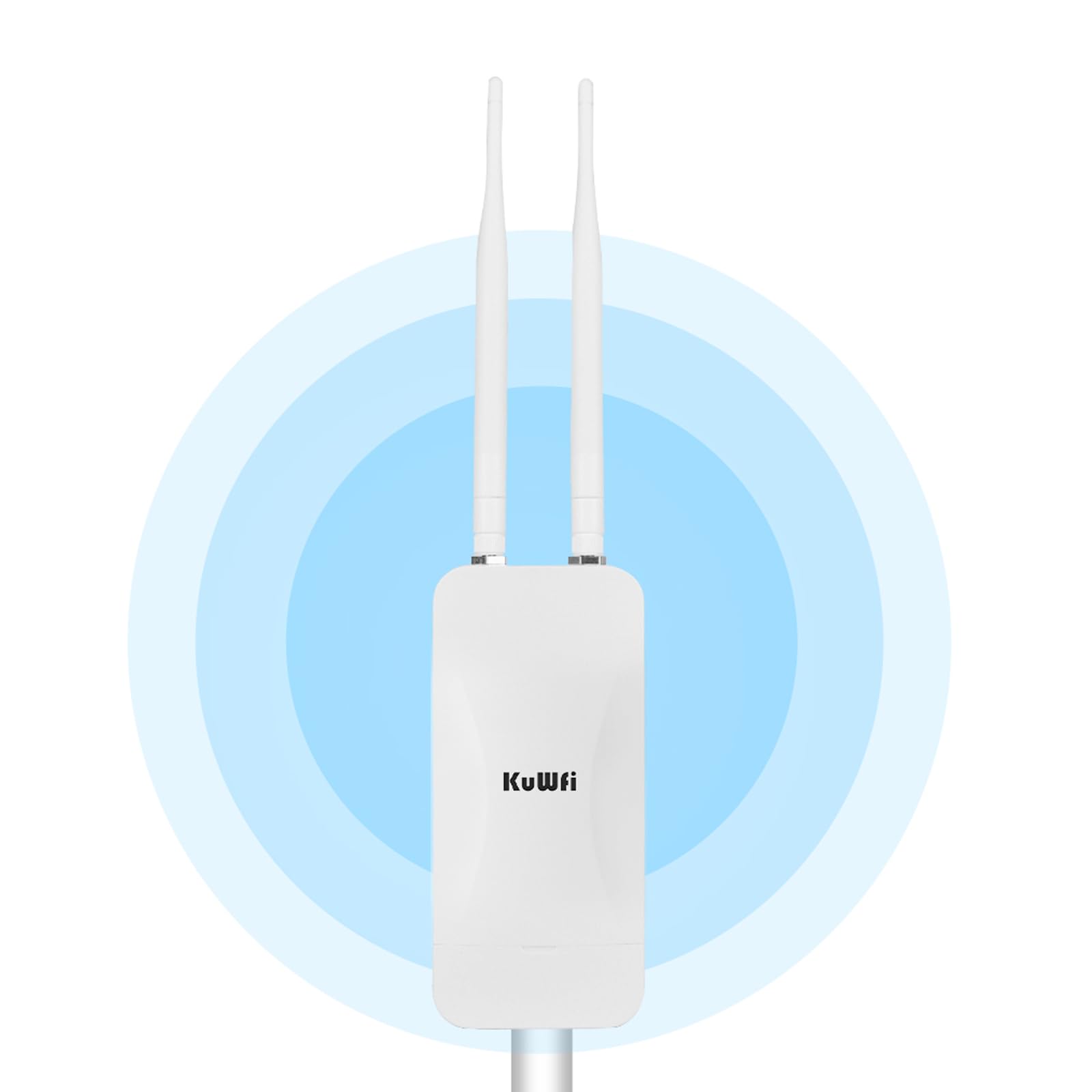 KuWFi Ripetitore WiFi Esterno, Access Point 1200Mbps Dual Band (2.4/5.8GHz), 2 Antenne 5dBi, IP65 Impermeabile e Alimentazione POE/DC, Ideale per Giardino e Aree Esterne