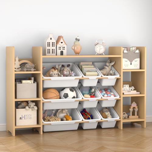 Toy Storage Organizer with 9 Bins and Side Bookshelves, Kids Toy Organizer and Storage Unit, Multi Bin Toy Shelf for Home Playroom Nursery Bedroom & Room Organization, 133 x 30 x 80cm