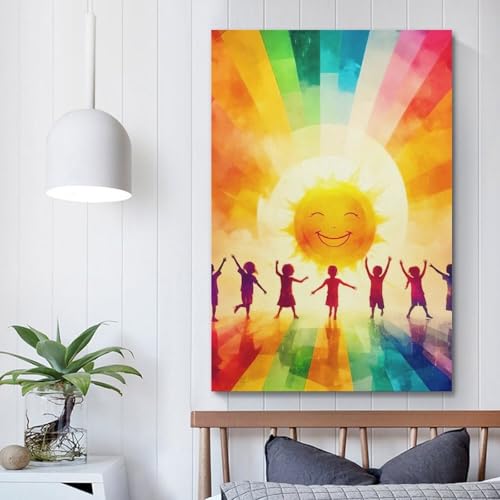 ZlXXYZ Posters sur toile pour décoration murale moderne de bureau familial – Silhouettes d'enfants arc-en-ciel et soleil arc-en-ciel 30 x 45 cm – vue 5