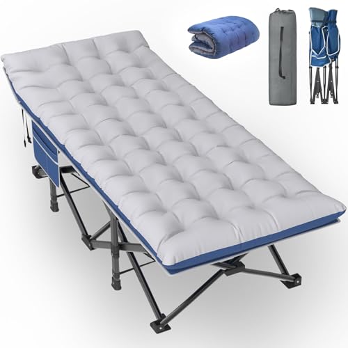 Slendor Ovsesized Camping Cot XXL, Folding Cot for Adults,79" L x 32" W x 19" H Camp Cot, Sleeping Cot with Mattress, Carry Bag, Cot Bed for Tent, Office, Support 500lbs, Blue Cot+ Grey Pad
