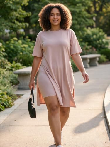 Image of AXOSY Women Plus Size 2 Piece Outfits Short Sleeve Tunic Tops and Skinny Biker Shorts Sets Tracksuits