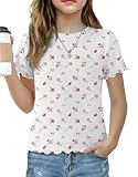 Arshiner Girls Lettuce Trim Short Sleeve Shirts Cute Summer Ribbed Knit Tops Fashion Crew Neck Basics Tees Blouse White Pink Flower 9-10 Years