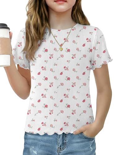 Arshiner Girls Lettuce Trim Short Sleeve Shirts Cute Summer Ribbed Knit Tops Fashion Crew Neck Basics Tees Blouse White Pink Flower 9-10 Years