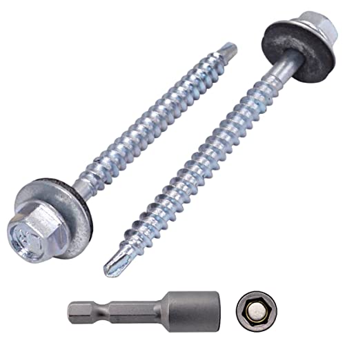 Lot de 80 vis autoforeuses DIN 7504-K en acier zingué 4,8 x 60 mm avec rondelles EPDM, tête de rondelle hexagonale, vis à tôle autotaraudeuses