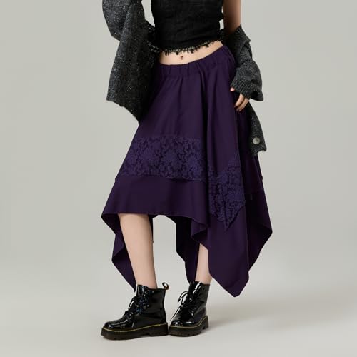Women's Boho Midi Skirt Flowy Fairy Skirt Y2k Contrast Lace Layered Asymmetrical Skirts Streetwear3