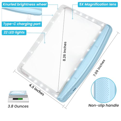 Image of Rechargeable 5X Magnifying Glass for Reading, Large Bright Full Page Magnifier with Light, Handheld LED Dimmable Lighted, Lightweight Book Magnifier for Reading Seniors, Light-Blue
