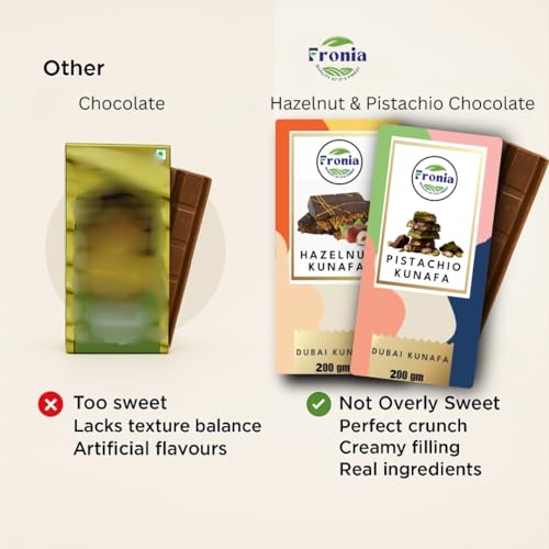 Image of Fronia Kunafa Chocolate Combo Pack Dubai Style - Pistachio & Hazelnut Kunafa Chocolate Dessert, Milk Chocolate with Creamy Pistachio & Hazelnut Filling & Crunchy Kunafa Layers | 200g Each