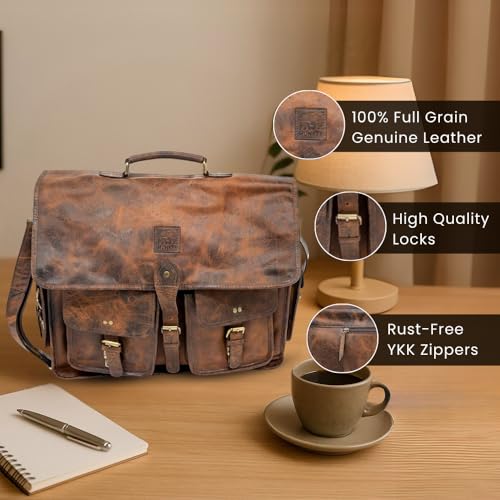 Image of Leather Messenger Bag for Men, 16 Inch Laptop Crossbody,Vintage Brown Handmade Leather Shoulder Briefcase Bag for Men, Full Grain Business Briefcase for Office,Work Travel