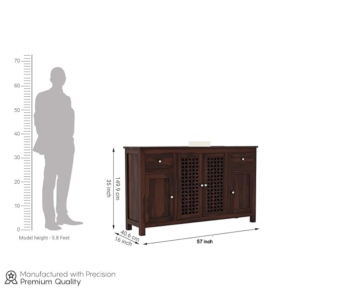 Image of Solid Sheesham Wood Wooden Sideboard Storage Cabinet : Ideal for Living Room and Bedroom with 2 Drawers and 7-Shelf Storage (Mendes, Walnut Finish)