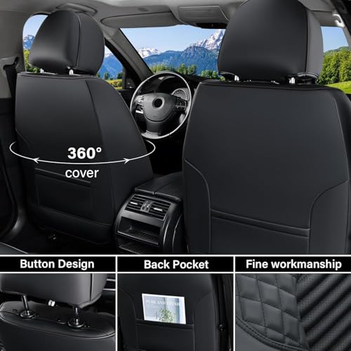 Image of Coverado Front Seat Covers, Black Nappa Leather Car Seat Covers, Black Seat Covers for Cars, Car Seat Protector Cushions Universal Fit for Most Sedans SUV Pick-up Truck
