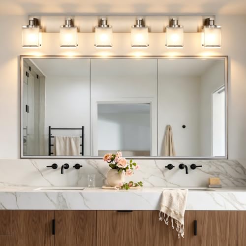 Image of 6-Light Bathroom Light, Brushed Nickel Vanity Light Fixture Over Mirror, Modern Wall Lamp with Rectangular Frosted Glass Shade, Wall Sconce Lighting for Living Room Bedroom Hallway
