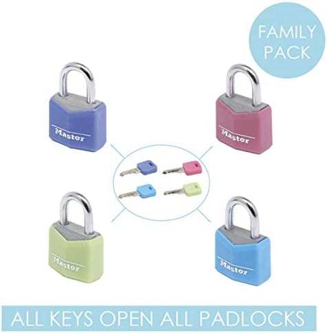 MASTER LOCK Small Padlocks [Key] [Keyed Alike] [Assorted Colours] [Family Pack of 4] 9120EURQCOLNOP - Best Used for Backpacks, Luggage, Computer Bags, Locker, Gym and More