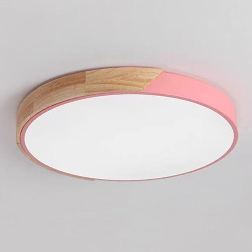 HTsilphelene Wooden Ceiling Light,Wood Flush Ceiling Lights with Acrylic Lampshade,Dimmable Light Fitting Ceiling for Living Room Bedroom Kitchen Lounge Hallway (Pink,40CM)