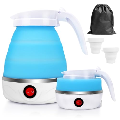 Faltbarer Wasserkocher 600ml Wasserkocher Faltbarer Reisewasserkocher mit 2 Faltbecher & Aufbewahrungstasche Tragbarer Klein Silikon Wasserkessel mit Edelstahlboden für Camping Reise Outdoor BPA-frei