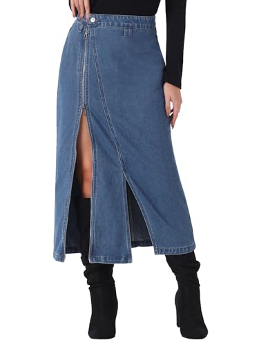 Jupe en jean avec poches Allegra K denim bleu ciel longue coupe fente zippée