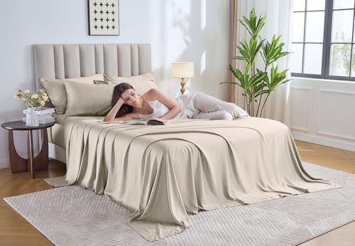 Image of Pure Bamboo King Sheets, Genuine 100% Organic Viscose Derived from Bamboo Bed Sheet Set, Luxuriously Soft & Cooling, Double Stitching, 2 Year Quality Promise (King, Creme)