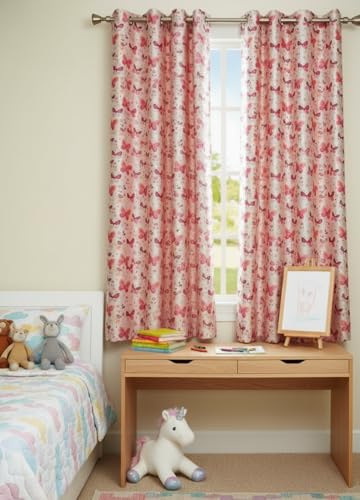 Image of Light Filtering Pink Butterfly PrintCurtain for Kids Room Girls Room Curtains 5 Feet Set of 1 pcs Door Panels 5 ft Curtain for Teens, Pink Color Curtains