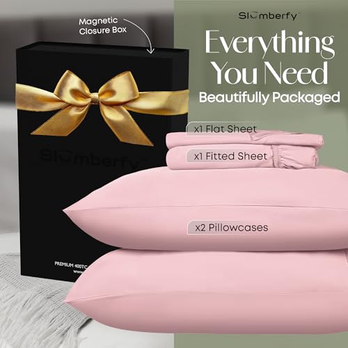 Image of Slumberfy Viscose-Bamboo Bed Sheets, King, Cooling Deep Pocket, Light Pink