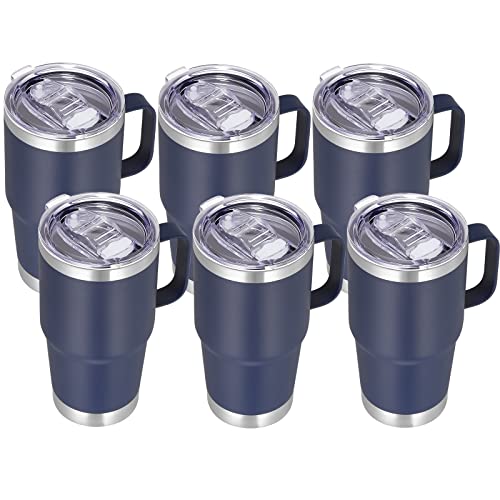 VEGOND 20 oz Tumbler Bulk with Handle Lid and Straw, Stainless Steel Insulated Travel Coffee Mug Set, Spill Proof Double Wall Metal Tumblers Cups, Navy Blue 6 Pack