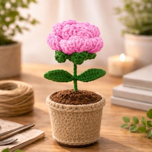 Image of Handcrafted Crochet Flower Pot | 7 Inch Handmade Wool Flower Plant | Premium Soft Yarn Decor | Cute Desk & Home Decoration | Unique Gift for Birthday, Anniversary & Valentine (Pink Rose)