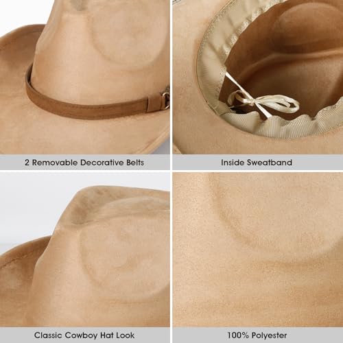Image of 2 Pack Western Cowboy Hats for Women Men 2 Different hat Bands | Classic Felt Wide Brim Costume Cow Boy Hat Curved Brim Cowgirl Hat