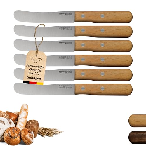 Solingen - Juego de 6 cuchillos de madera de haya, remaches huecos estables, cuchillo de desayuno, cuchillo para panecillos, directamente del fabricante y de fabricación propia, gatillo de pulido