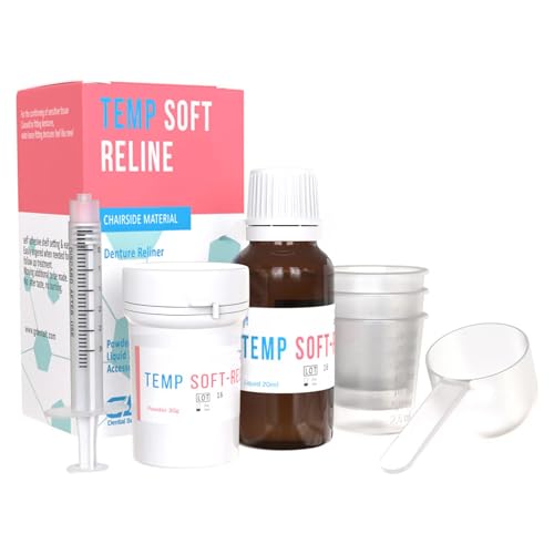 Temp Soft Reline for Dentures – Acrylic-Based Temporary Cushioning Material – 30g Powder & 20ml Liquid Kit – Tasteless, Odorless, Translucent Pink