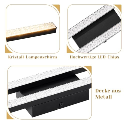 Glitzerlife Lampa sufitowa LED Czarna do korytarza - Lampa sufitowa kryształowa 61,5 cm Lampa kuchenna 2 płomienie Nowoczesna sypialni 12 W Ciepła biel 3000 K przedpokoju kuchennego