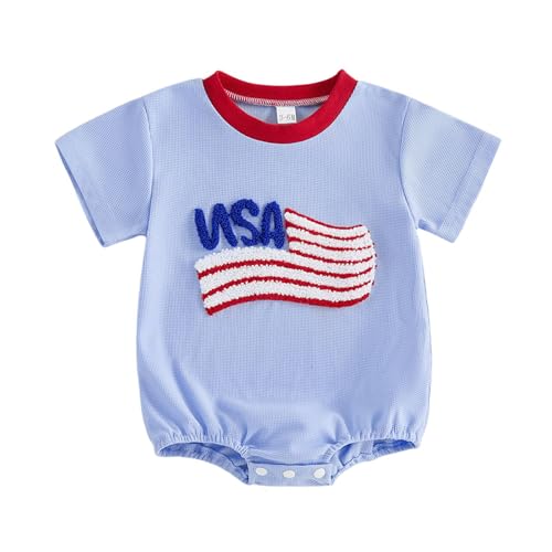 Body de verano de manga corta para niños con bordado patriótico de triángulo en contraste de colores para el día de la independencia, azul, 3 meses