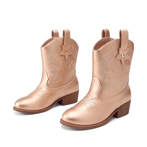 DREAM PAIRS Girls Cowgirl Boots Cowboy Boots with Low Heel Western Embroidered Fashion Mid Calf Shoes for Toddler/Little Kid/Big Kid 12 Little Kid Rose Gold