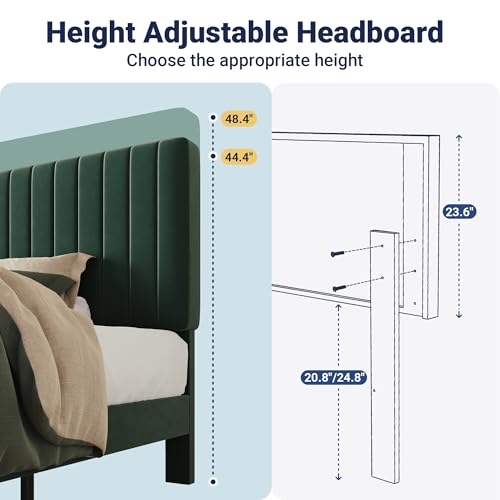 Image of Allewie Twin Bed Frame, Velvet Upholstered Platform Bed with Adjustable Vertical Channel Tufted Headboard, Mattress Foundation with Strong Wooden Slats, Box Spring Optional, Easy Assembly, Green
