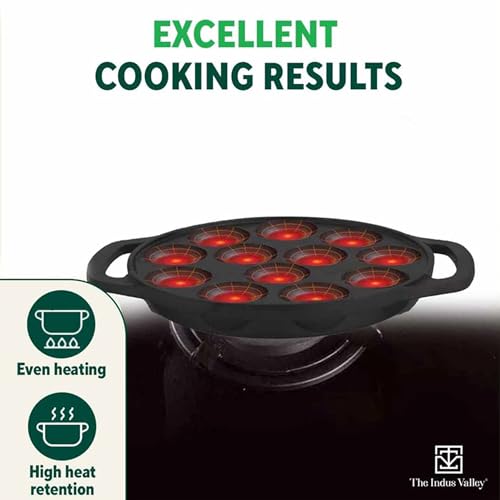 The Indus Valley Pre-Seasoned Cast Iron Paniyaram Pan With Spatula|Medium, 12Pit, 8.3Inch/21 Cm, 2Kg|Induction Friendly|Nonstick Appe/Paddu Pan, 100% Pure & Toxin-Free, No Chemical Coating, Black