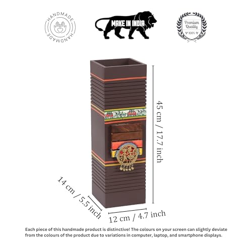 Image of AAKRITI ART CREATIONS Moses Wooden Planter in Brown with Brass Motifs | Hand-Painted Madhubani Art Planter | Matte Finish Decorative Planter for Living Room, Floor Decor & Gifting