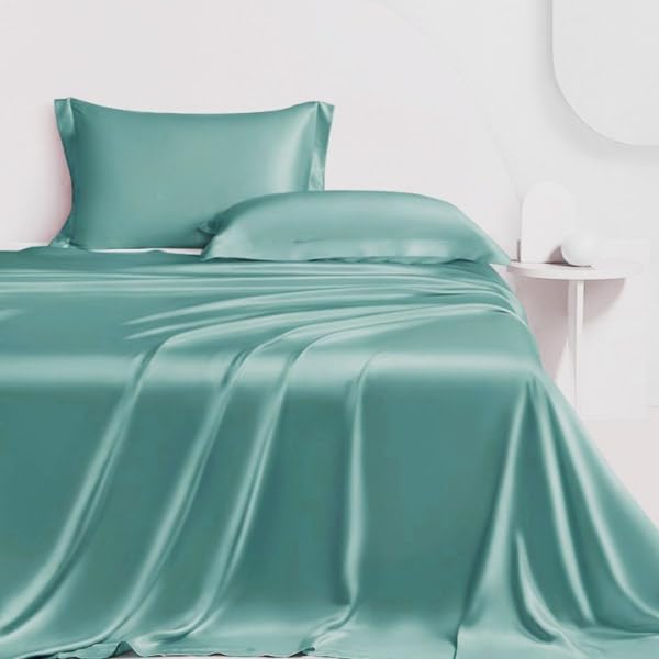 LINENWALAS Bamboo King Bedding Set, 300 Thread Count Cooling Sateen Weave Silk Sheets with 1 Fitted, 1 Flat & 2 Pillowcases (Aqua) - Image 3