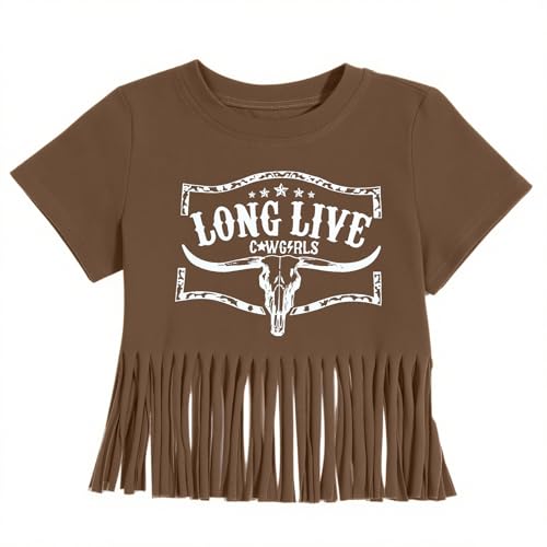 Image of Girls Western Shirt Cowgirls Embroidered Country Concert T Shirt Graphic Horseback Rider Tassel Fringe Tee Tops
