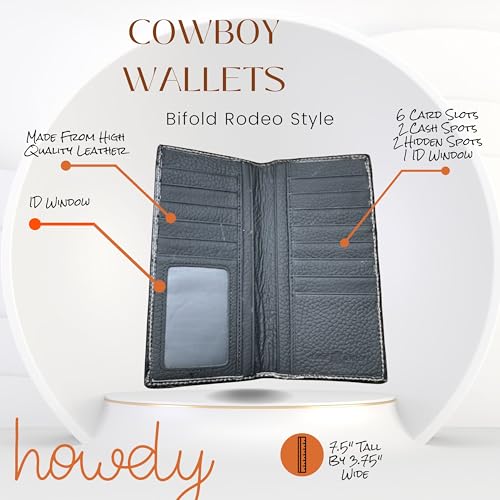 Men’s Long Leather Wallet – Basketweave Tooled with Cowhide Inlay and Horseshoe Rooster Concho – Western Rodeo Bifold Checkbook Wallet for Ranchers & Cowboys3